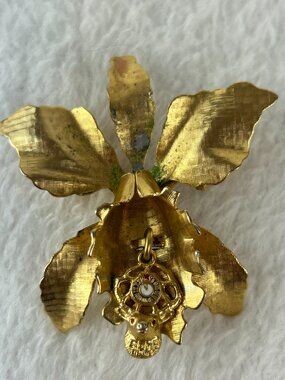 Vintage Fraternal Order Of Elks Dangle Gold Tone Orchid Flower Brooch Pin